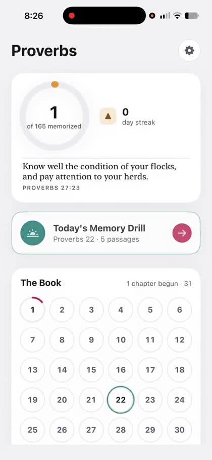 The Proverbs home screen: passages memorized, a day streak, today's drill, and the thirty-one chapters of the book.